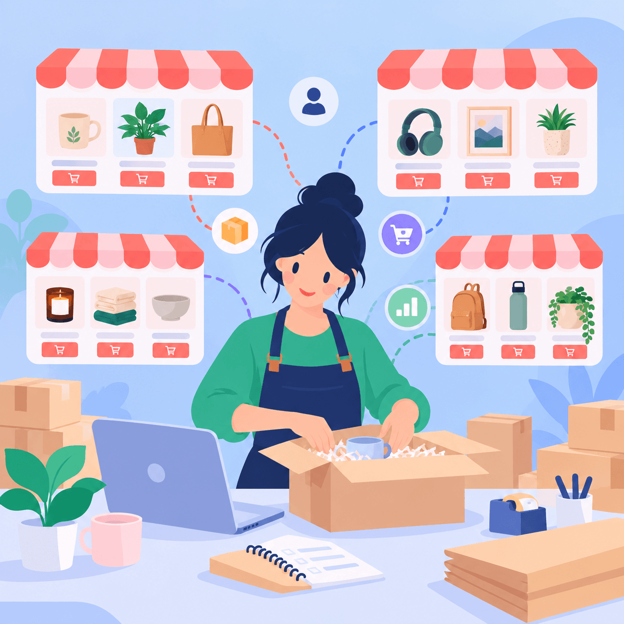 Illustratie van een ondernemer die bestellingen voor meerdere webshops inpakt